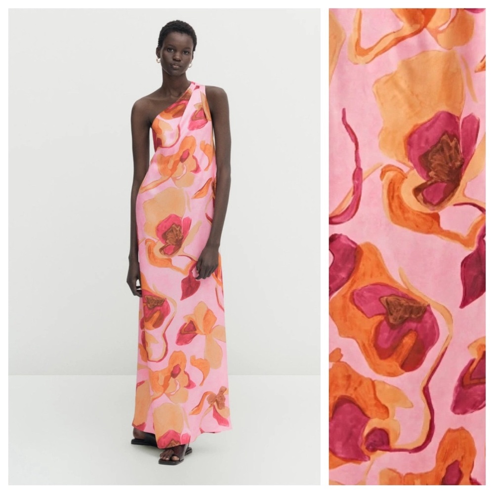 NWT. Massimo Dutti Powder Pink Floral Print Long Asymmetric Dress. Size 10.